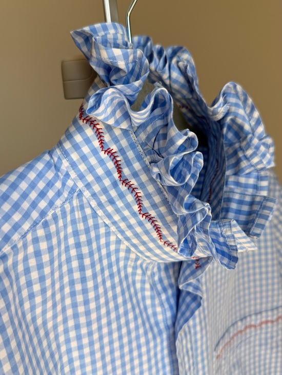Tops - Reloved Upcycle ♻️ White and Blue Ruffle collar Blouse Red Embroidery